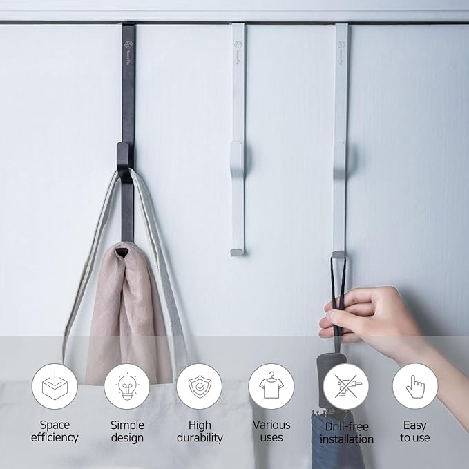 Over The Door Hook Rack, Kitchen appliances, Dorm Room Essentials, Stainless Steel, No Drill, Damage-Free, Space Saving Door Hanger for (Bathroom, Bedroom, Closet)(White)