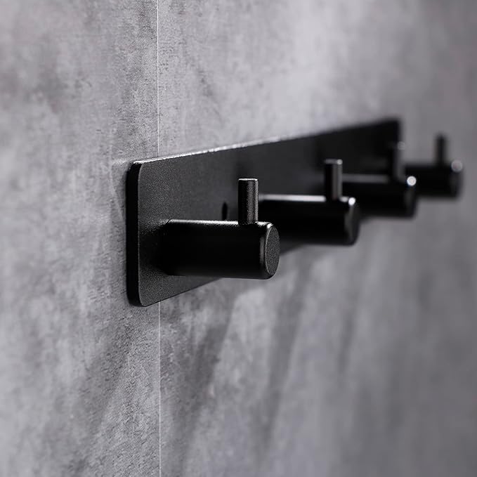 Adhesive Bathroom Black Hook Rail, 4 Matte Black Wall Key Hooks Rack Hanger Towel Robe Stick Door Hooks for Bathroom Toilet Entryway Hallway Kitchen Wall Mounted