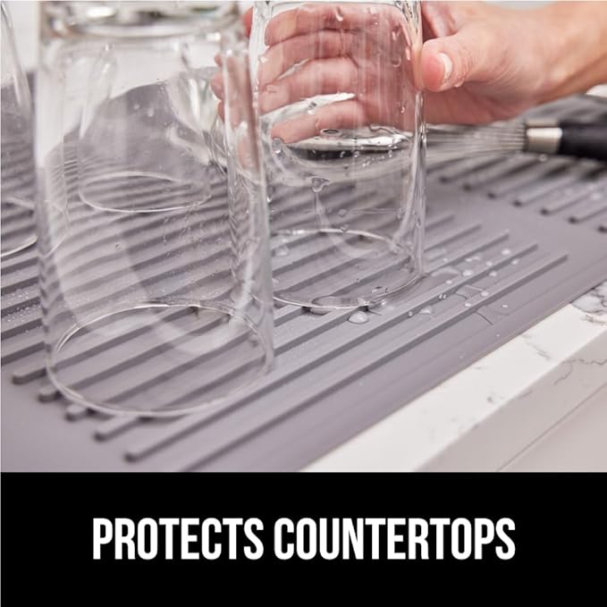 GORILLA GRIP 100% BPA-Free Patented Silicone Dish Drying Mat for Kitchen Counter, Water Catching Ribbed Design, Easy Clean Waterproof Sink Liner, Heat Resistant, Fits Under Rack, 16x12 Inch, Gray