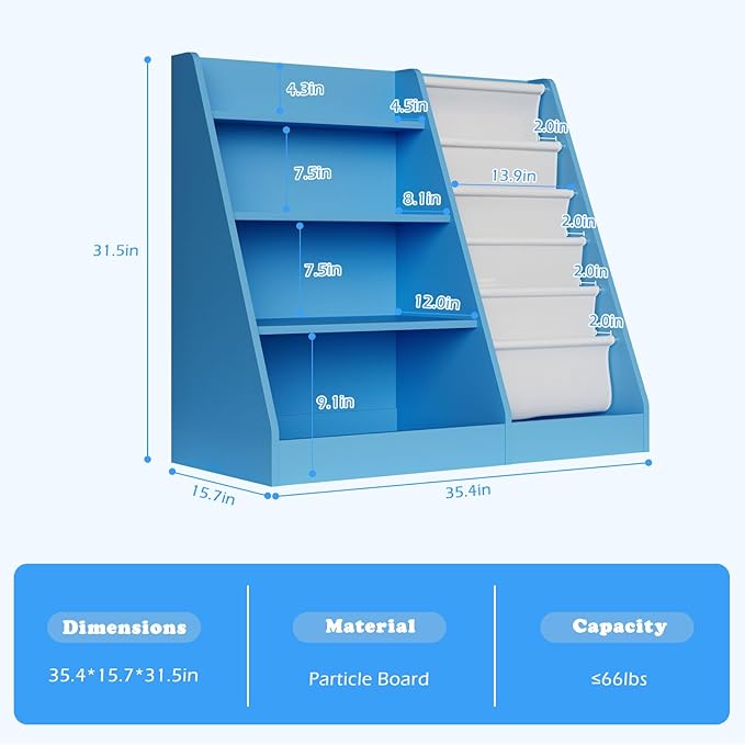 Blue 4 Tier Kids Wooden Bookshelf,Five Layer Sling Bookcase,Baby Storage Book Rack,Child Book and Toy Organizer Cabinet Chest,Toddler Book Display Playroom Kids Room Bedroom Classroom Nursery Library-NeatNest