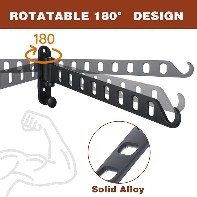 2 Pack Swing Arm Clothes Hanger Rack Wall Mount, Laundry Room Drying Rack with Swing Arm, 8 Holes and 180°Rotation, Swing Away Hanger Rack, Sturdy Hanging, Solid Aluminum (Black)-NeatNest