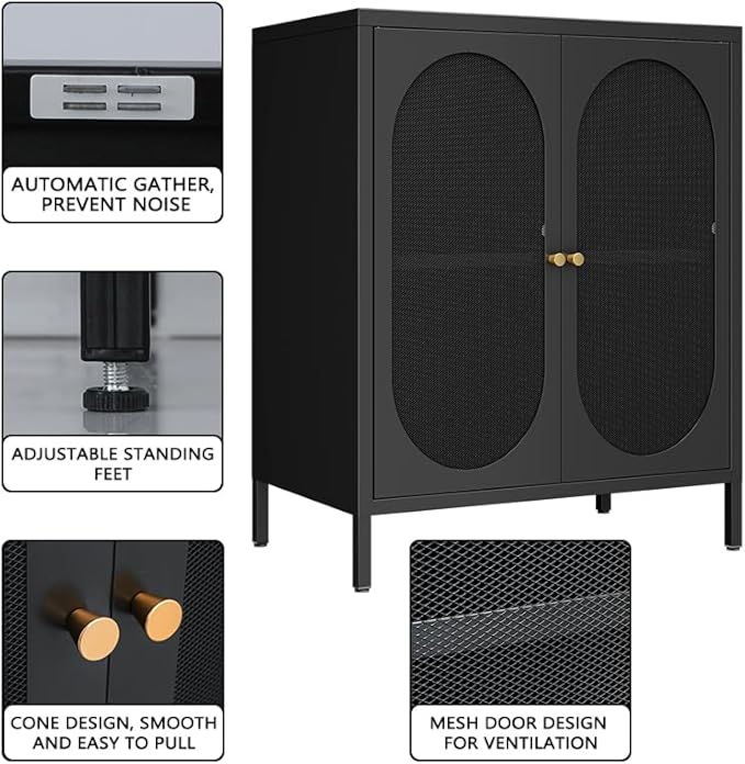 2 Door Metal Mesh Storage Cabinet with 1 Adjustable Shelves-Steel Locker Cabinet for Living Room, Bedroom, Hallway, Office Room, Home, Hotel, Kitchen, Garage, 2-Tier (Mesh Door, Black)