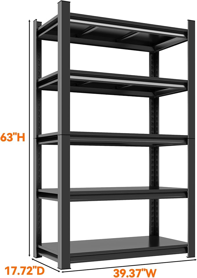 5-Tier Adjustable Garage Storage Shelves, Detachable Steel Shelving Units, Heavy Duty Metal Rack Shelf for Garage Organization – Freely Adjustable Height (Black-63.00H*39.37W, 17.72D-5Tier)