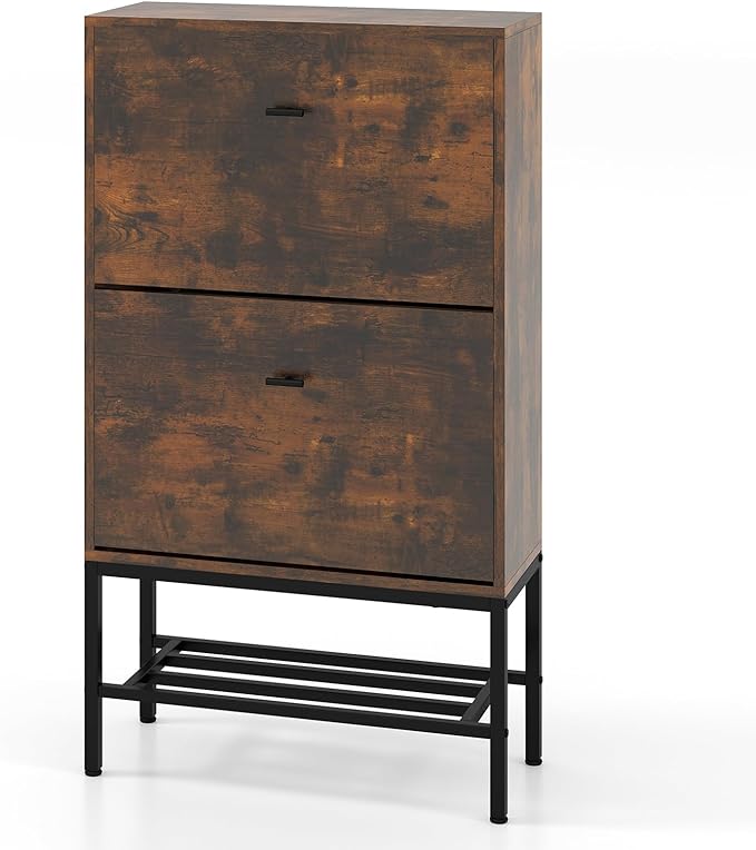 LOKO Industrial Shoe Storage Cabinet, Freestanding Shoe Organizer with 2 Flip Drawers, Adjustable & Removable Interior Shelves, Narrow Shoe Rack Cabinet for Entryway, Hallway, Rustic Brown-NeatNest