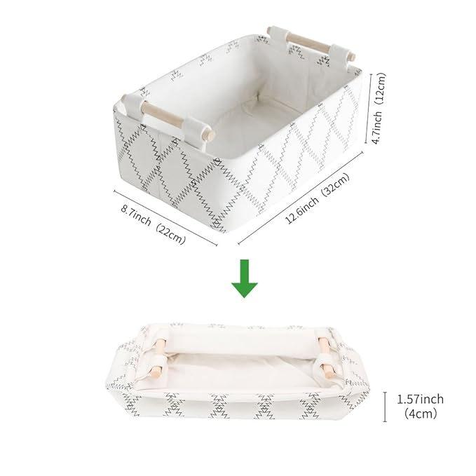 Decorative Collapsible Rectangular Fabric Storage Bin Organizer Basket with Wooden Handles for Clothes Storage,12.6x8.7x4.7 inch,White-NeatNest