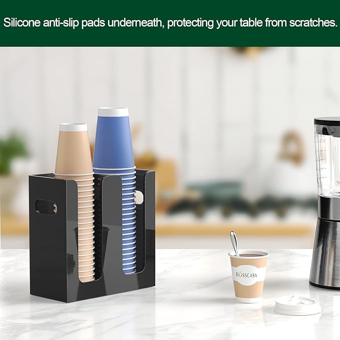 Disposable Coffee Cup Dispenser with Handles, Countertop or Wall Mount Hot/Cold Drink Cup and Lid Holder - Bathroom/Kitchen/Office Acrylic Cup Lid Storage Organizer (2 Compartments, Black)-NeatNest