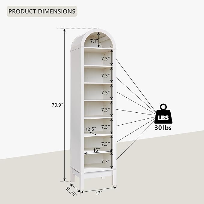71" Tall Arched Shoe Storage Cabinet, 8 Tiers 16 Pairs Wooden Shoe Rack with 3 Adjustable Shelves, Freestanding Shoe Closet Shelf Organizer for Entryway, Hallway, Living Room, Antique White-NeatNest