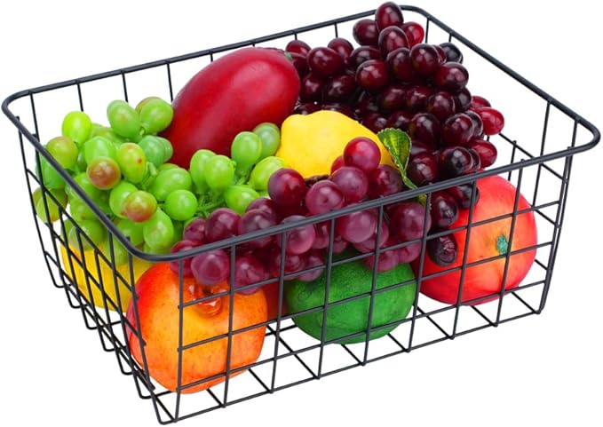 Kitchen Wire Baskets Farmhouse Decor Metal Food Storage Organizer, Household Refrigerator Bin with Built-in Handles for Cabinets,Pantry Set of 2 Black