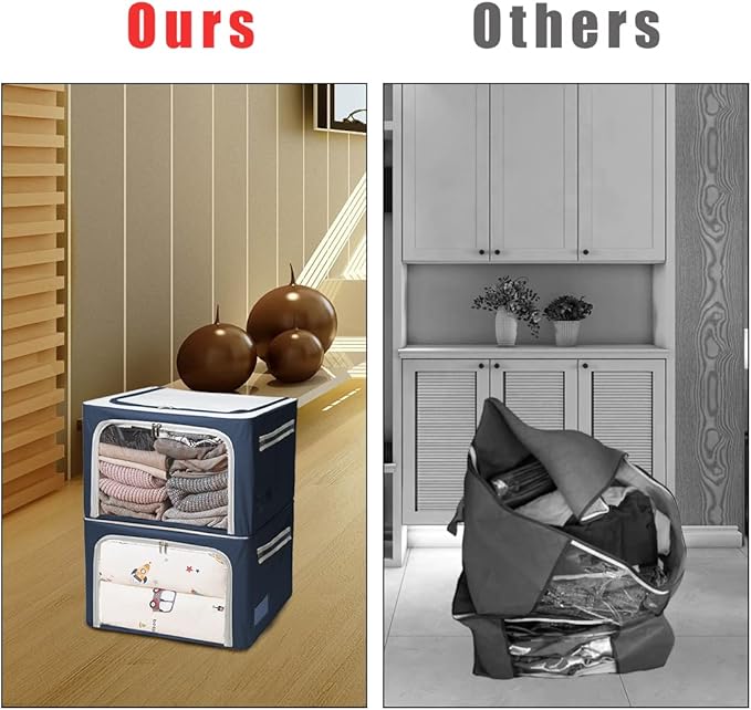 Clothes Storage Box Bins Stackable Foldable Organizer,Sturdy Handles with Metal Frame for Clothing Bedding Shelves,Closet Container with Clear Window Zipper and Label Holder (Navy, 40L x3 Pack)-NeatNest