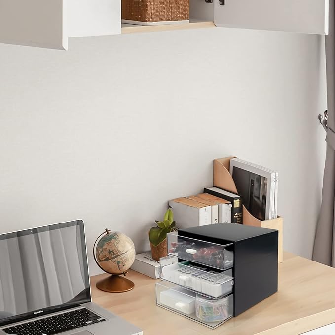 Desk Organizer with Drawer, Desk Storage Box, Plastic Office Stationery Supplies Organizers, Desktop Organizer for Office School Home (3 drawer, Black)-NeatNest