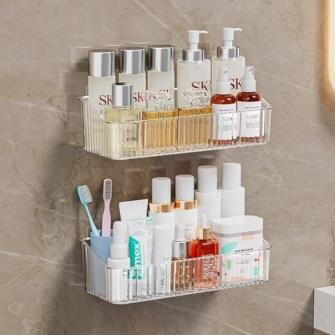 2 Pcs Wall Mounted Shower Caddy, Adhesive Bathroom Caddy Shelf Organizer Makeup Organizer Storage Bins for Bathroom Kitchen