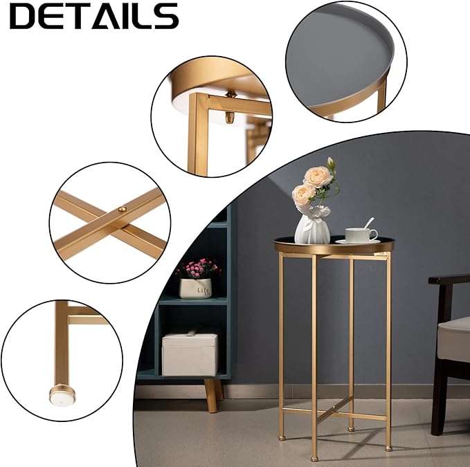 HollyHOME Small Round Metal Waterproof End Table, Accent Indoor&Outdoor Coffee Side Table, Snack Sofa Table for Living Room, Anti-Rust Decorative Plant Stand, (D) 14.5" x (H) 25", Gold/Grey-NeatNest