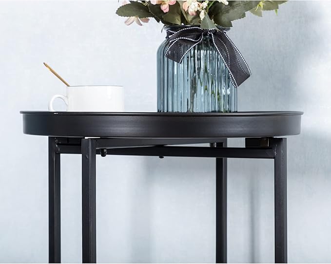 HollyHOME Small Round Metal Waterproof End Table, Accent Indoor&Outdoor Coffee Side Table, Snack Sofa Table for Living Room, Anti-Rust Decorative Plant Stand, (D) 14.5" x (H) 25", Black-NeatNest