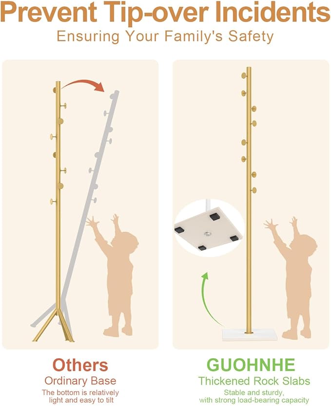 Coat Rack Freestanding, Small Standing Coat Tree with Heavy Rock Slab Base, Modern Metal Coat Hanger Stand with 8 Hooks, Garment Rack, 11.8 x 11.8 x 68.9 In, Gold, GYJ002WJ-NeatNest