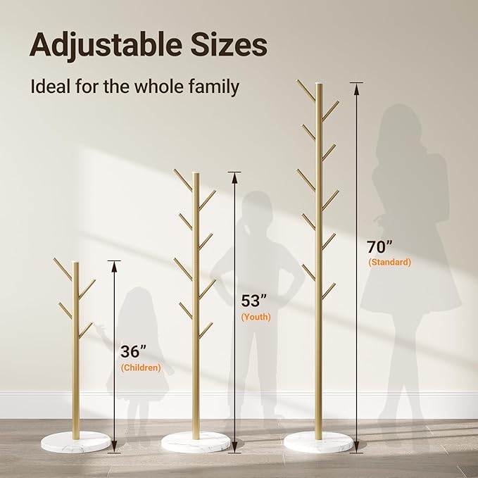 ELYKEN Coat Rack Freestanding with Natural Marble Base, Metal Coat Rack Stand with 10 Hooks, 3 Adjustable Size Coat Tree for Bags, Clothes, and Hats for Entryway, Bedroom, Hallway, Office, Gold-NeatNest