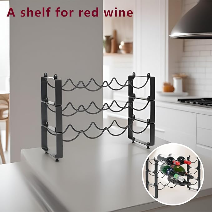 3 Tiered 12-Bottle Metal Wine Rack - Sturdy Wave Design with Reinforced Base | Stackable, Space-Saving Bar, Countertop, or Cabinet Storage (3)