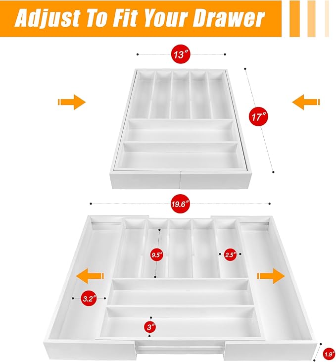 Bellsal Large Premium Bamboo Silverware Organizer - Expandable Utensil Drawer Organizer - 17"x19.6" Utensil Holder and Cutlery Tray with Grooved for Kitchen Flatware and Utensils(7-9 Slot, White)-NeatNest
