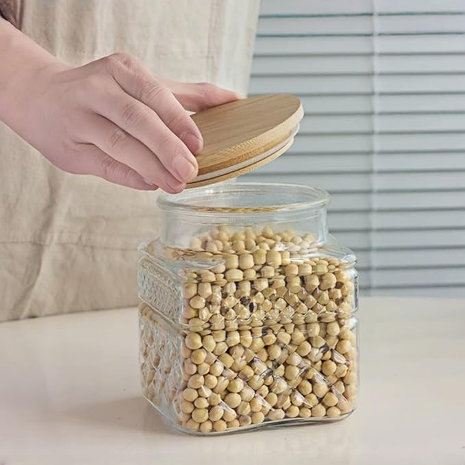 ANSQU Square Glass Jar, Candy Jar with Lid, Glass Food Storage Containers for Ground Coffee, Tea, Sugar, Decorative Mason Jar (Transparent, 37oz)