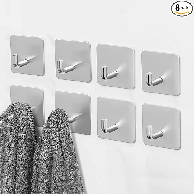 Adhesive Towel Hooks, 8 Pack Self Adhesive Coat Sticky Hooks for Hanging, Stainless Steel Stick on Wall Hat Hook, Bathrooms Kitchen Livingroom Garage, Silver