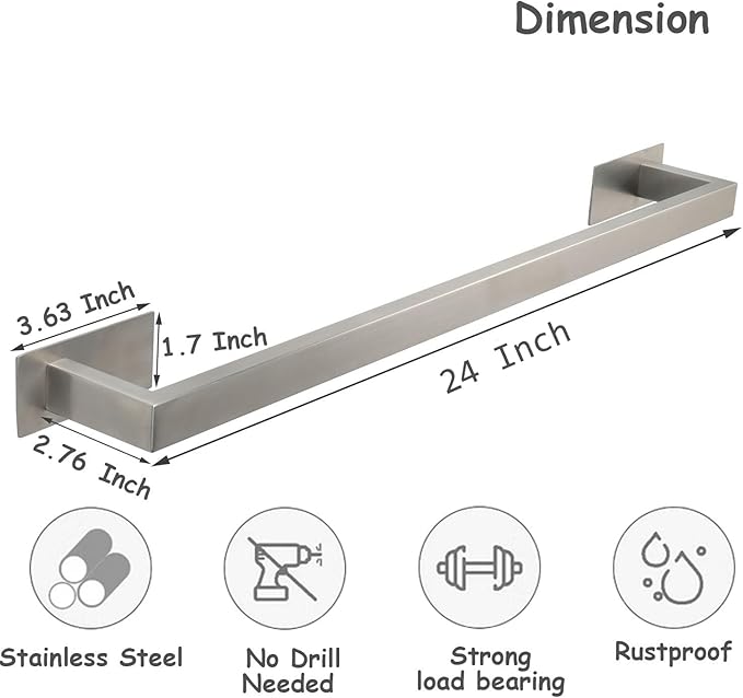 Bathroom Towel Bar Self Adhesive, No Drilling Towel Rack Easy to Install, Hand Towel Holder Made of Premium Stainless Steel Sticky on Hand Towel Hanger for Kitchen, Toilet.(24IN, Brushed)-NeatNest