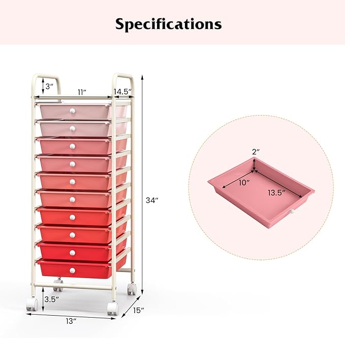 Giantex 10-Drawer Storage Cart w/Universal Wheel, Rolling Cart w/Handle, Home Organizer Storage Unit w/Removable Drawers, Trolley Utility Cart for Kitchen Makeup Living Room Office Play Room