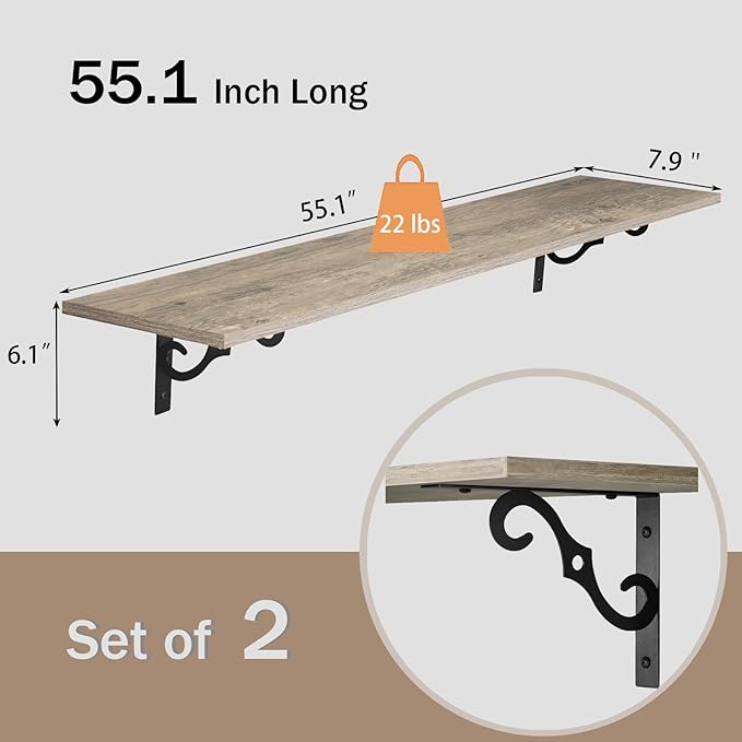 DINZI LVJ Long Wall Shelves, 55.1" Large Floating Shelves Set of 2, Wide Display Shelf Wall Mounted with Brackets, Easy Hanging for Living Room, Toilet, Office, Bedroom, Gray Wash-NeatNest
