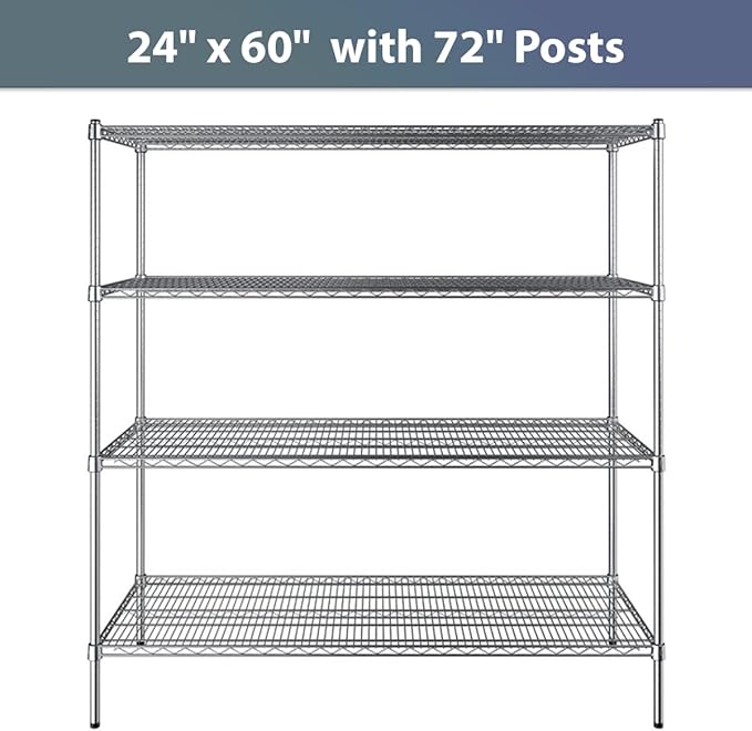 24" x 60" NSF Chrome 4-Shelf Kit with 72" Posts, Commercial Storage Rack Unit, Heavy Duty Storage Shelving, Wire Shelving Kit, Adjustable Rack Strong Steel, Multipurpose Wire Shelf