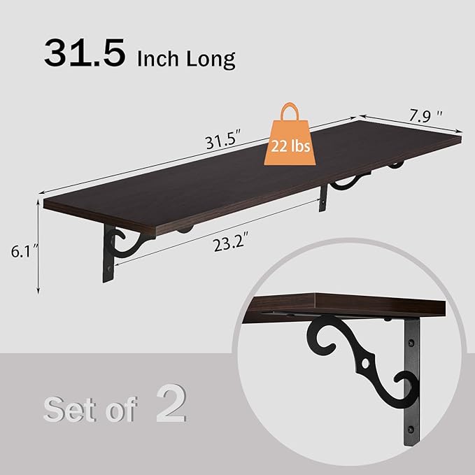 DINZI LVJ Long Wall Shelves, 31.5 Inch Large Floating Shelves Set of 2, Wide Display Shelf Wall Mounted with Brackets, Easy Hanging for Living Room, Toilet, Office, Bedroom, Espresso-NeatNest