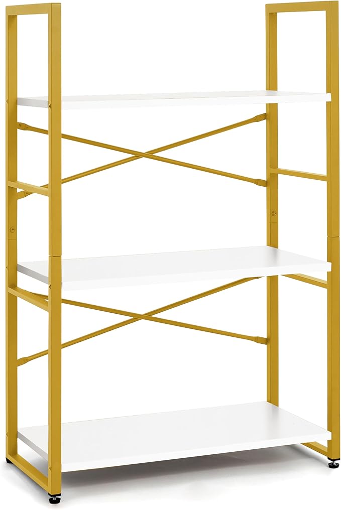 CAPHAUS 3 Tier Small Bookshelf, 24 Inch Width Free Standing Shelf, Bookcase Shelf Storage Organizer, Industrial Book Shelves for Home Office, Living Room, White Wooden Shelves & Gold Frame-NeatNest