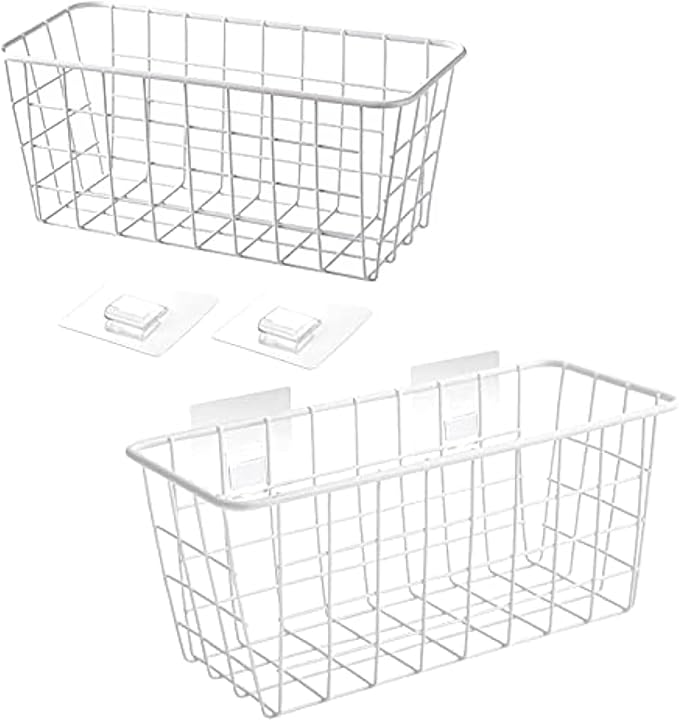 2 Set LeleCAT Hanging Wall Basket Organizer Over the Cabinet Door Adhesive Wire Baskets for Organizing Kitchen Food Pantry Bathroom Shelf Storage No Drilling Wall Mounted,White-NeatNest