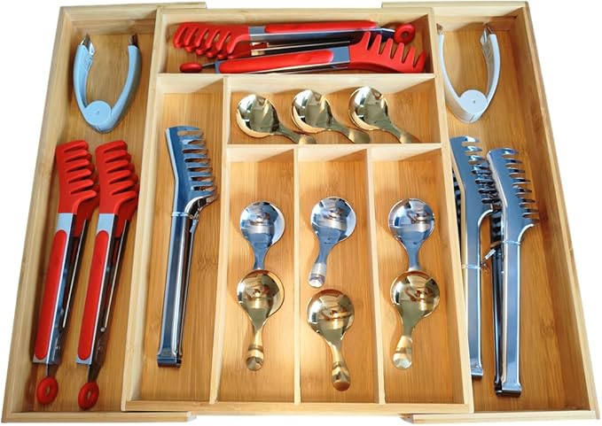 Adjustable Bamboo Drawer Organizer, Expandable Silverware Drawer Organizer, Large Cutlery Tray with Wooden Drawer Dividers for Flatware Organizing Kitchen Utensils Holder (6-8 Slots, Natural)-NeatNest