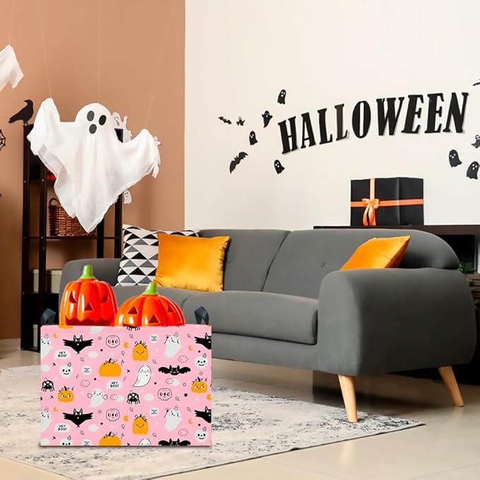 CLOCOR Rectangular Storage Basket Empty,Gift Basket for Halloween,Waterproof Storage Bin with Handles,Room Decor(Pink Ghost)-NeatNest