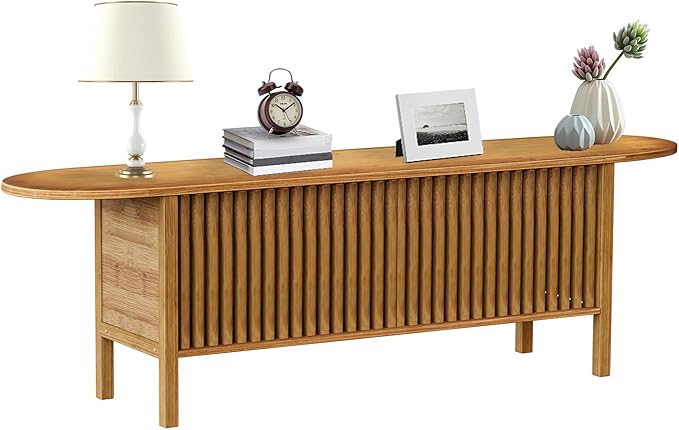 Bamboo TV Stand for TVs up to 65", Accent Entertainment Center with Storage, Media Console Table with Fence Door, Modern TV Stand for Living Room, Bedroom, 55"(L), Walnut-NeatNest