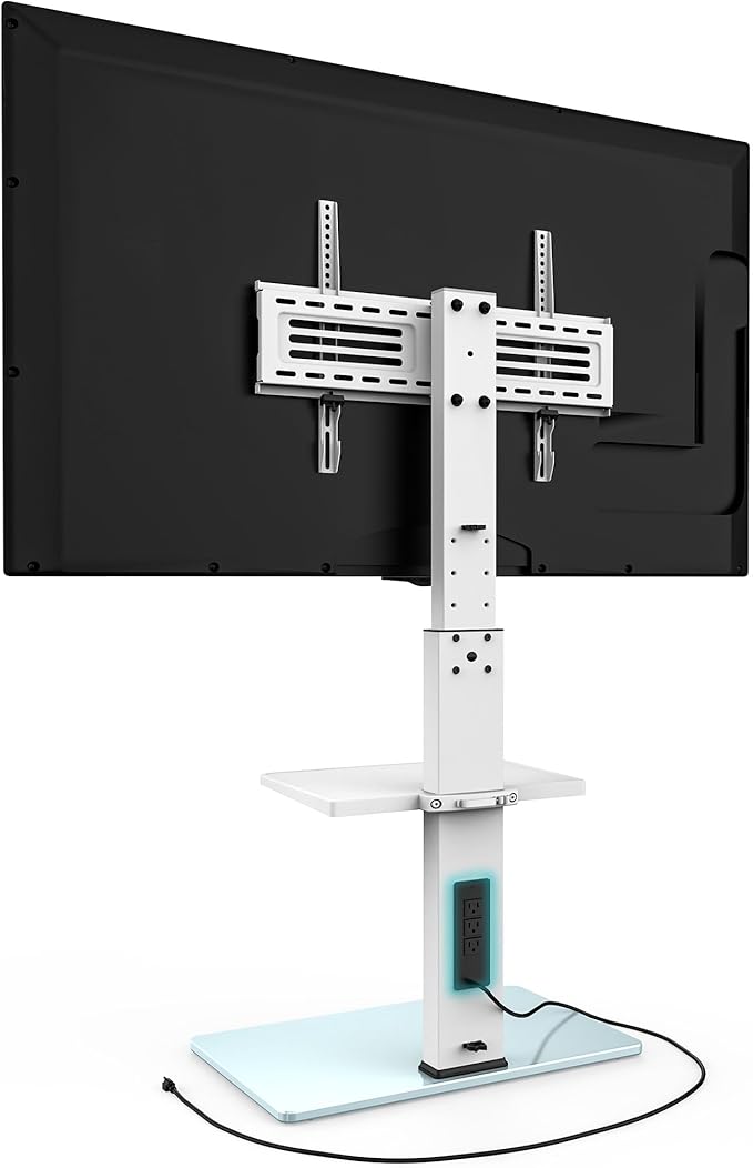 FITUEYES Floor TV Stand for 32-75 inch TV with Power Outlet, Tall TV Stand for Bedroom Living Room with Tempered Glass Base, Floor TV Mount Holds Up to 88lbs MAX VESA 600x400mm,White-NeatNest