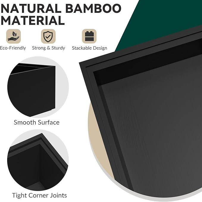 Bamboo Drawer Organizer, Extra Large Silverware Organizer for Kitchen Drawer, Stackable Utensil Organizer, 2 Pcs Toilet Tank Topper Tray, Wooden Toilet Paper Basket (Black, 17 X 6 X 2 Inch)-NeatNest