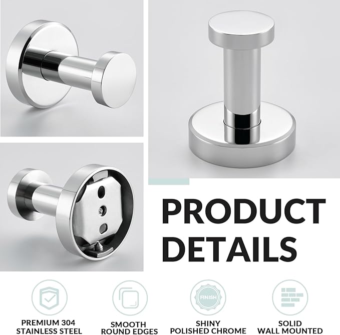 APLusee Polished Chrome Bathroom Towel Hooks 2 Pack, 304 Stainless Steel Round Robe Hooks for Bathroom Kitchen Garage, Heavy Duty Wall Mounted Towel Hanger