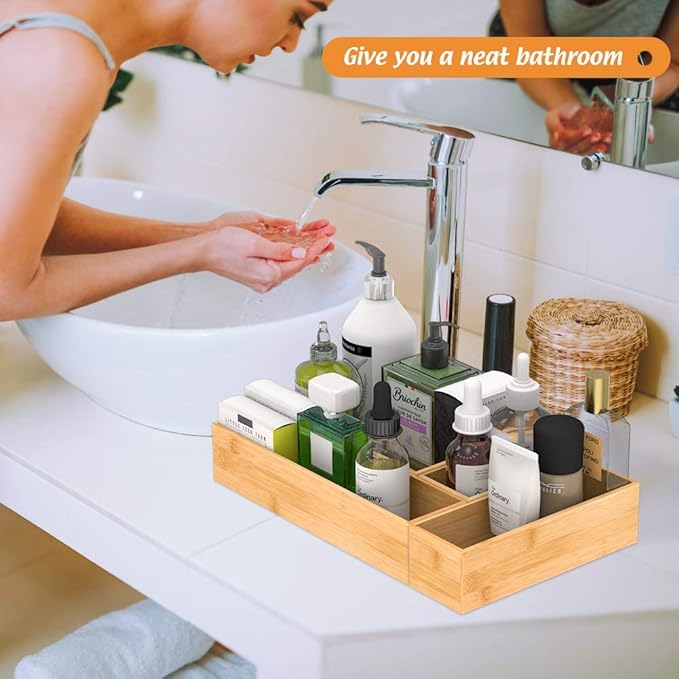 Bamboo Drawer Organizer Utensil Holder for Kitchen, Small Wood Silverware Storage Organizer, Stackable Box Tray for Cutlery, Flatware, Bathroom Caddy for Makeup, Perfume, Jewelry, 6x3x2.5 Inch-NeatNest