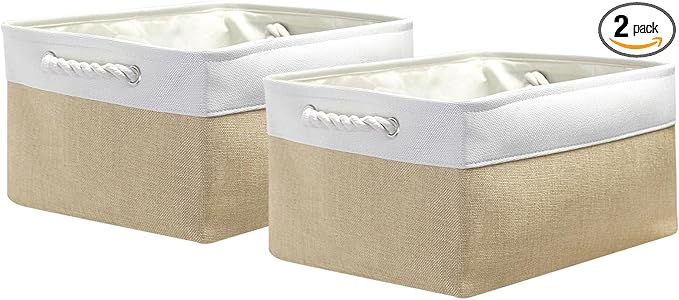 Fabric Storage Bins, 2 Pack Foldable Cube Baskets with Rope Handles, Large Collapsible Storage Cubes for Home, Office, Closet, Clothes, Books Organizer. (Khaki and White, 2PCS/16*12.6*8.2inch)-NeatNest