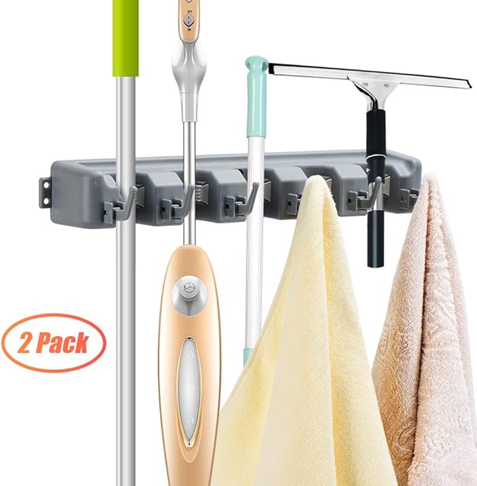 HOME MASTER HARDWARE (2 Pack 16 in Broom Mop Holder Garage Storage Organizer with 5 Racks 6 Hooks Adjustable Wall Mounted Storage Tool for Lanudry Garage Kitchen Garden-NeatNest