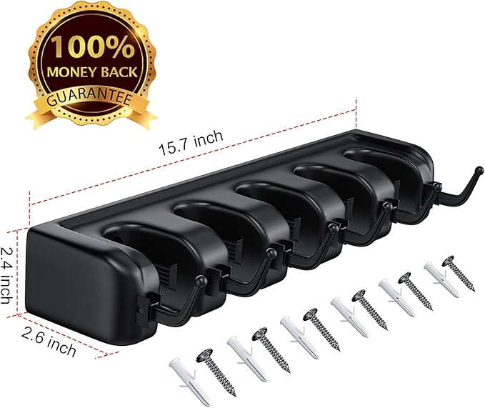 LETMY Broom Holder Wall Mount - Mop and Broom Hanger Holder - Garage Storage Rack & Garden Tool Organizer - 5 Position 6 Hooks Broom Rack for Home, kitchen, Garden, Tools, Garage Organization - Black-NeatNest