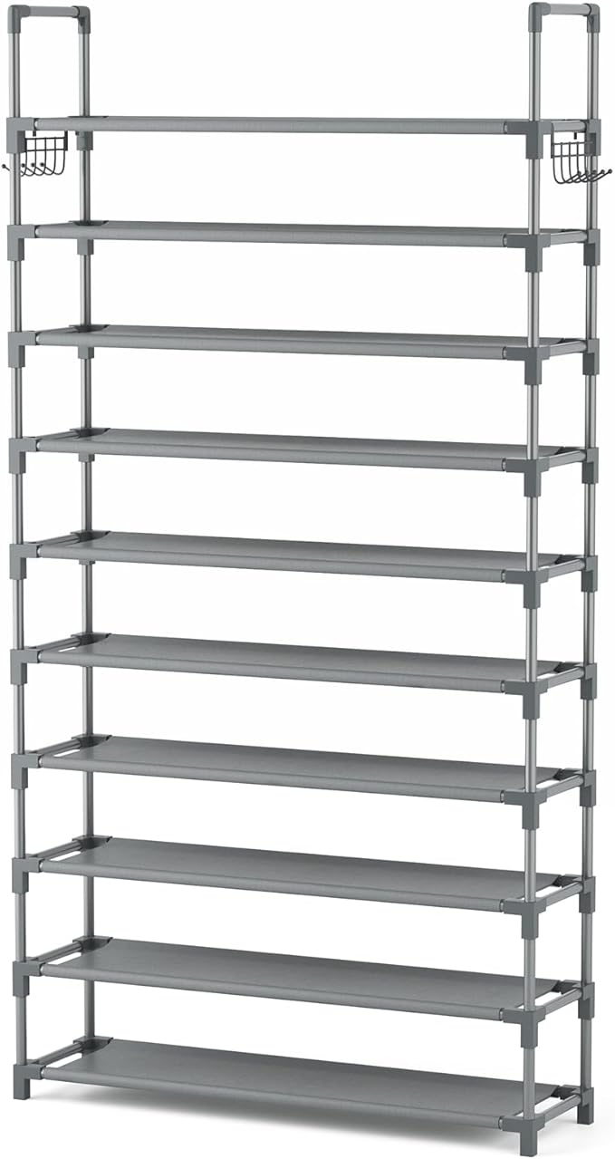VTRIN 10 Tiers Shoe Rack Tall Large Capacity 50 Pairs Wide Shoe Organizer Sturdy Shoe Shelf for Entryway with Two Hooks Metal Shoe Storage for Closet, Bedroom, Grey-NeatNest