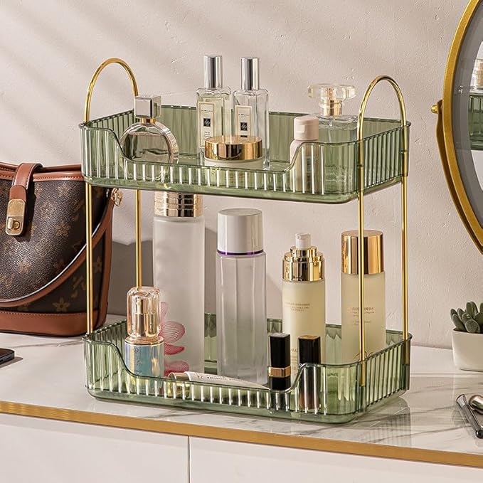 Bathroom Organizer Countertop, Vanity Trays for Bathroom, Skincare Makeup Shelf, Organizer, Counter Shelf Cosmetics, Toiletries, Lotions, Perfumes (2 Tiers, Green)-NeatNest
