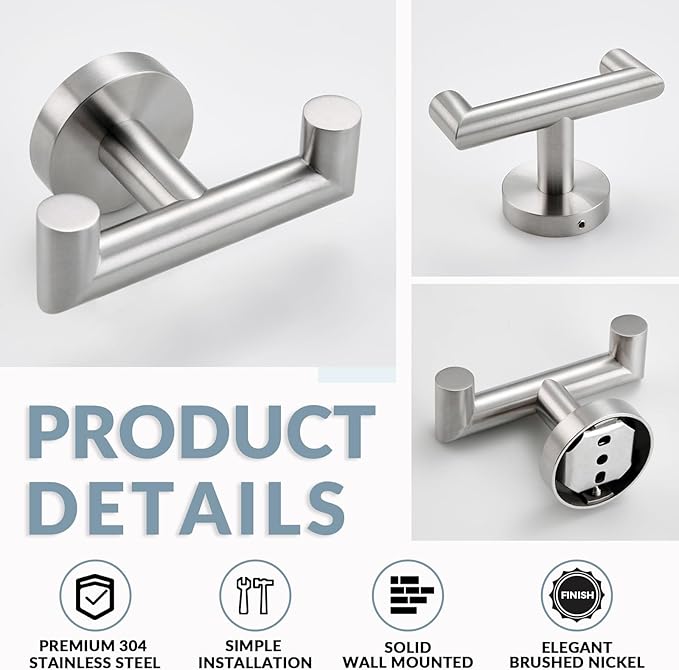 APLusee Bath Towel Hook, 304 Stainless Steel Double Robe Hanger Brushed Nickel, Functional Home Organizer Wall Mounted