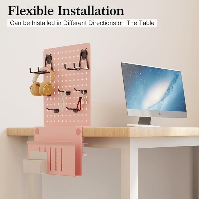 Desk Side Storage with Clamp-on Pegboard,Desk Side Storage,Steel Privacy Panel,No Drill Side Desk Organizer with Pen Holder,Table Side Organizer Laptop Holder for Office and Home (Pink)-NeatNest