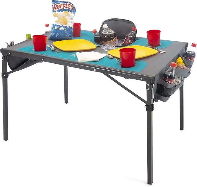 Creative Outdoors Folding Table with Built-in Cooler - Outdoor Portable Camping Table with 4 Cup Holders and Durable Steel Frame - Quality Material (Teal/Gray)-NeatNest