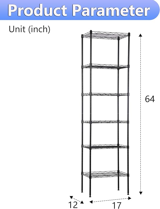 BestOffice Metal Garage Shelving 6 Tiers Garage Storage Shelves Heavy Duty 17”D x 12”W x 64”H Easy Assemble Wire Shelving NSF Certified Storage Shelves with Levling Feet for Home Garage Office, Black-NeatNest