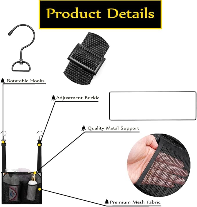 ALYER Mesh Shower Caddy, Bath Organizer with Adjustable Hanging Straps, Multipurpose Storage Bag for College,Camp,RV, Travel and Gym (Black)-NeatNest