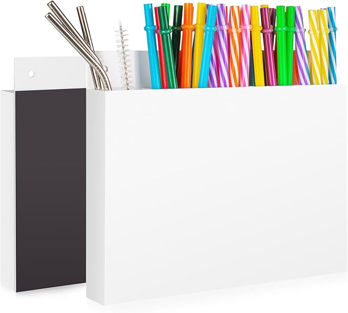 Acrylic Straw Holder for Cabinet Door, Reusable Straw Organizer with Removal Adhesive Tapes, Magnetic Mount, Drinking Straw Storage Container for Kitchen Bar Counter Cupboard 1 Pack