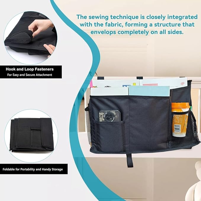 Bedside Caddy Storage Organizer Bunk Bed Hanging Storage Bag for Crib Hospital Beds Dorm Rooms with 8 pockets (Black)-NeatNest