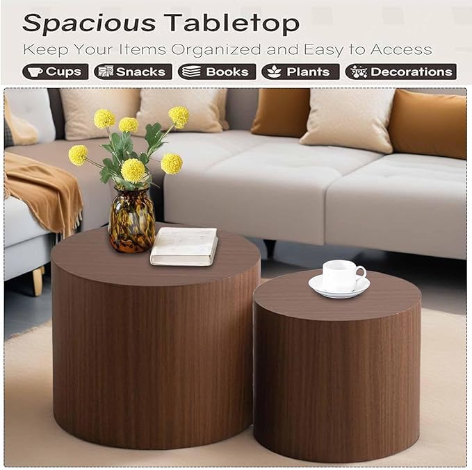 Modern Round Wooden Nesting Circle Coffee Table Set of 2 with Non-Slip Feet, Accent Side End Table, Saving Space Design and No Need Assembly,D